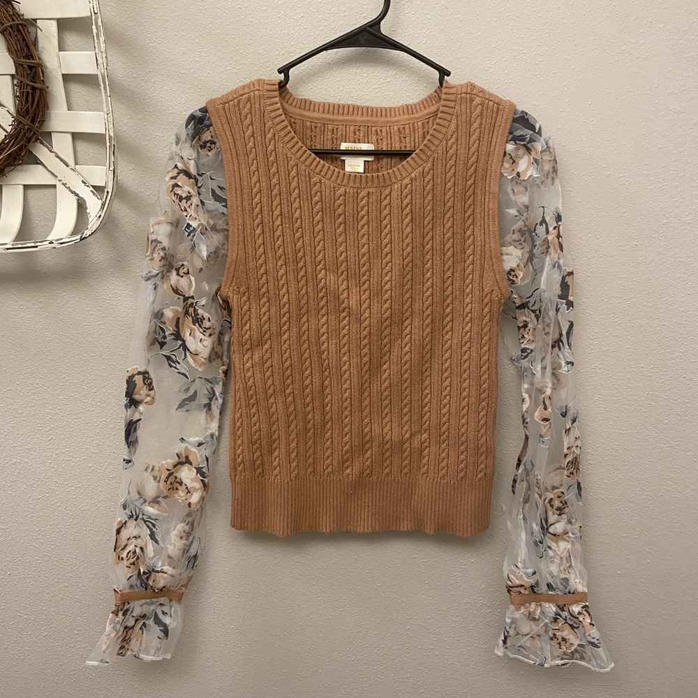 Anthropologie Maeve Knit Tan Sweater Vest Sheer Black Floral Long Sleeves Size M